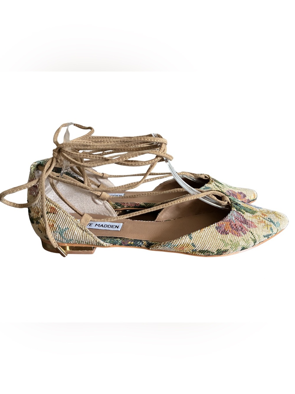 Steve Madden Walkie Flat Sz8.5 Floral Brocade Lace Up Point Toe Shoes Ankle Wrap - Picture 8 of 14